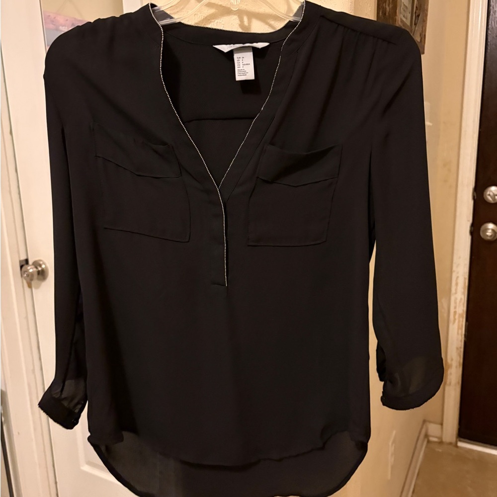 H&M Black Relaxed 3/4 Sleeve Blouse with Mandarin Collar
